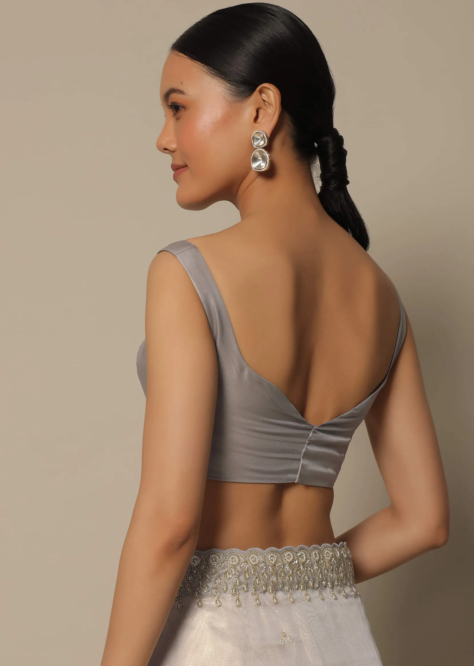 Light Grey Tissue Saree With Bead And Cutdana Work And Unstitched Blouse Piece