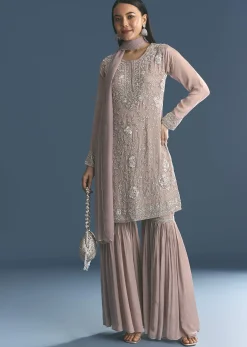 Light Lavender Chinon Kurta Sharara Suit With Moti Work