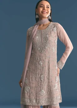 Light Lavender Chinon Kurta Sharara Suit With Moti Work