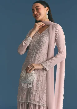 Light Lavender Chinon Kurta Palazzo Suit With Moti Cutdana Work