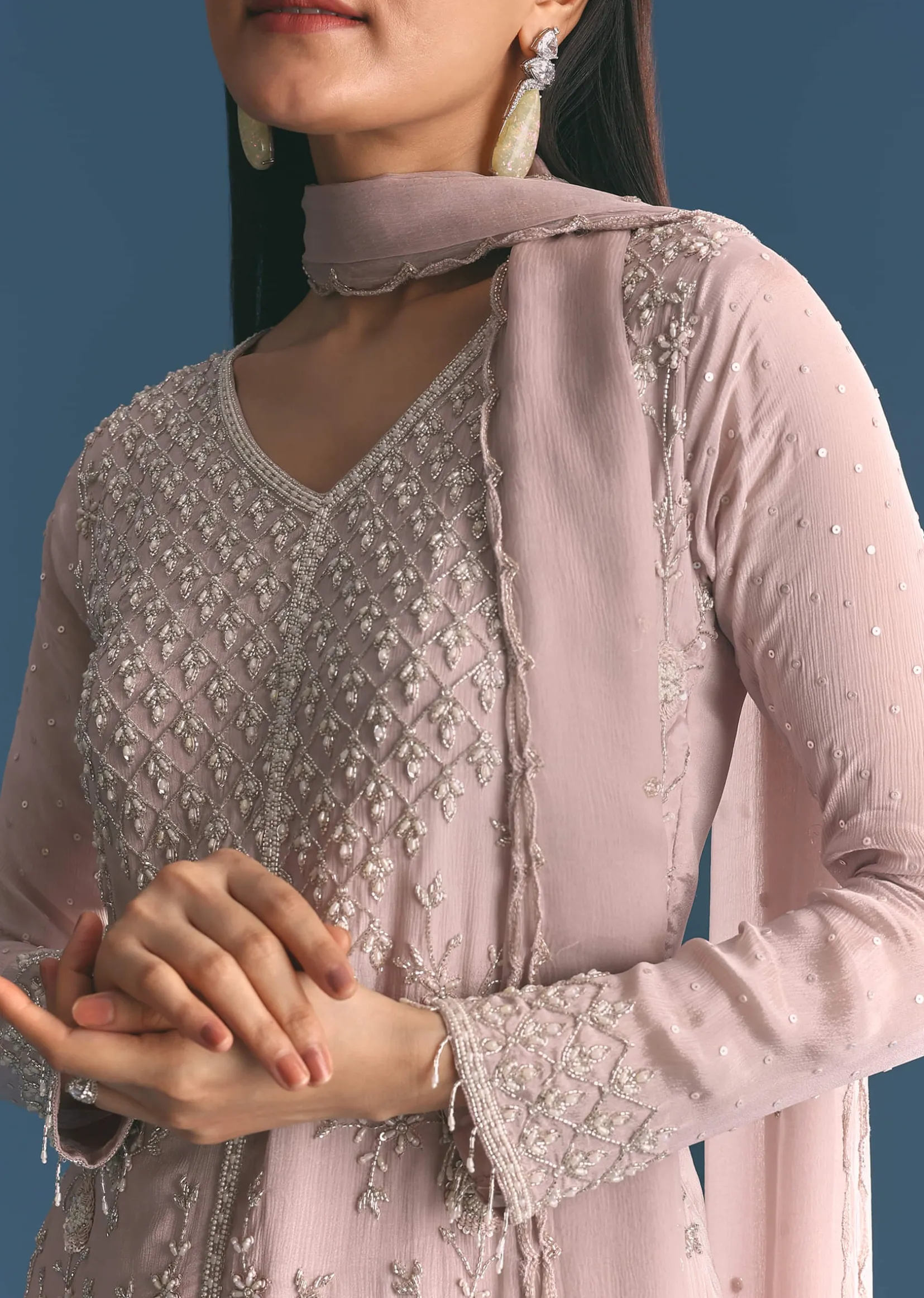 Light Lavender Chinon Kurta Palazzo Suit With Moti Cutdana Work