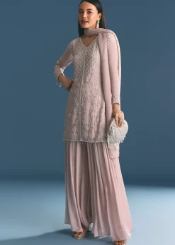 Light Lavender Chinon Kurta Palazzo Suit With Moti Cutdana Work