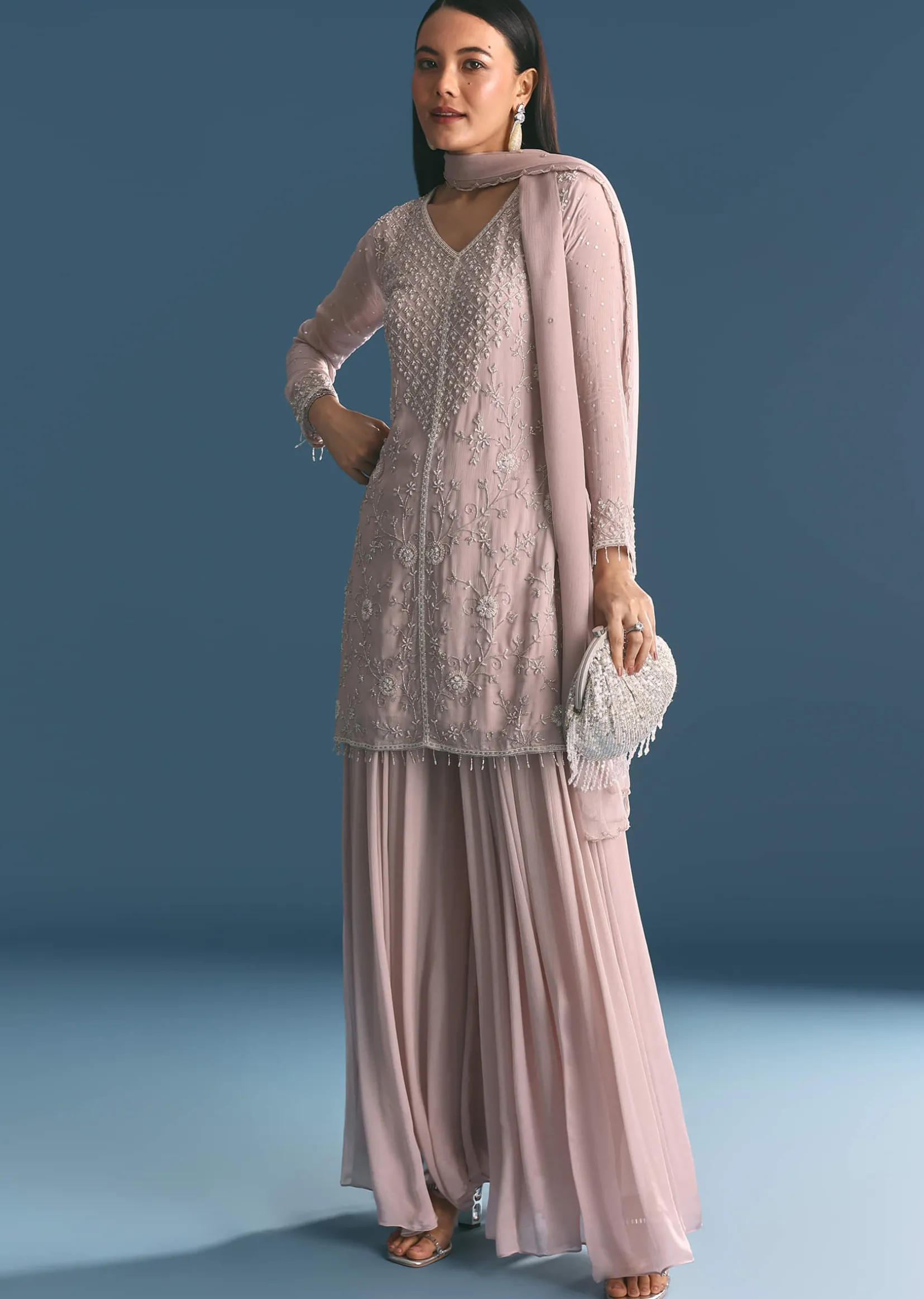 Light Lavender Chinon Kurta Palazzo Suit With Moti Cutdana Work