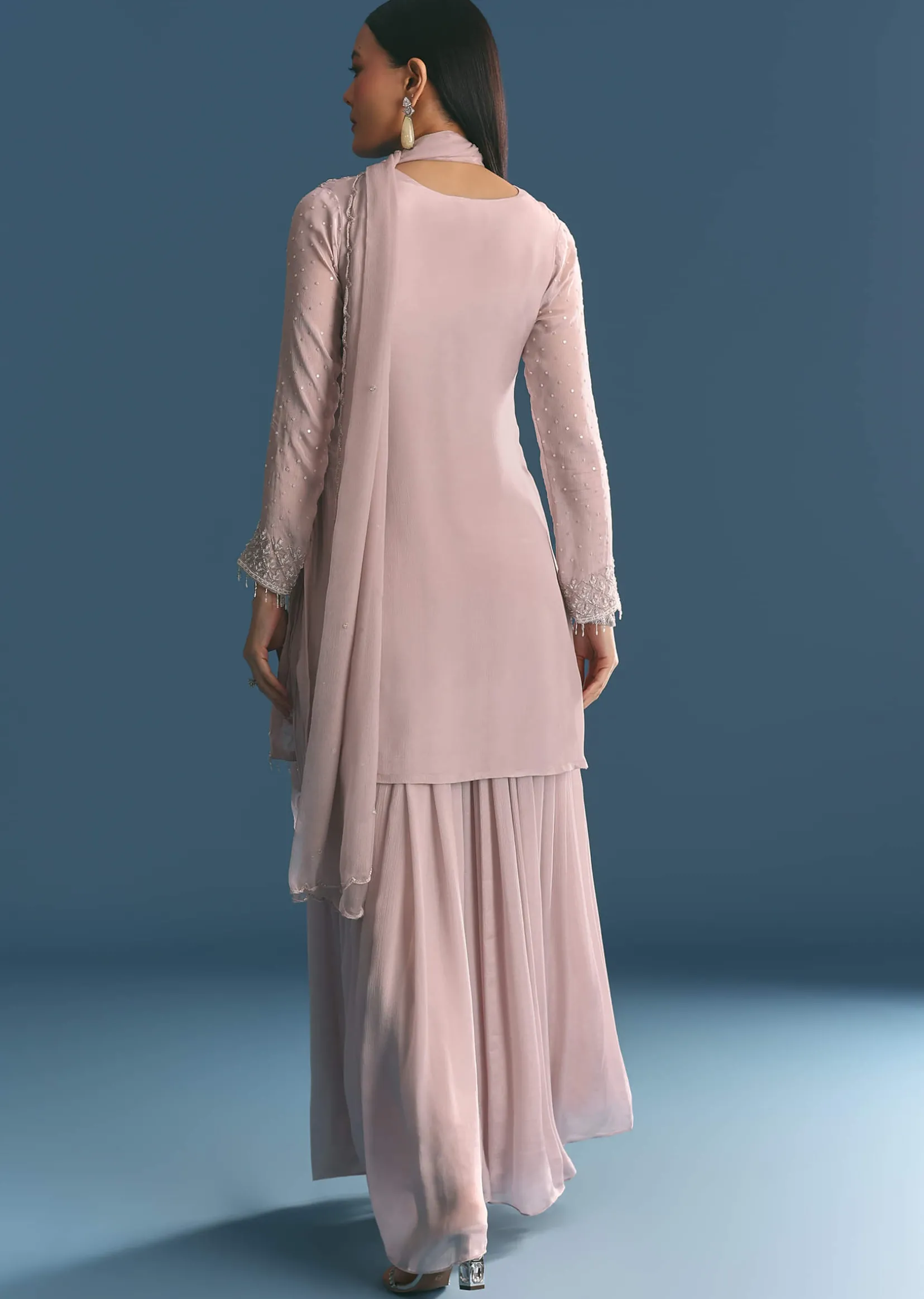 Light Lavender Chinon Kurta Palazzo Suit With Moti Cutdana Work