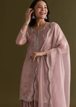 Light Lavender Tissue Kurta Sharara Set With Sequins And Cutdana Work