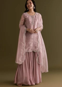 Light Lavender Tissue Kurta Sharara Set With Sequins And Cutdana Work