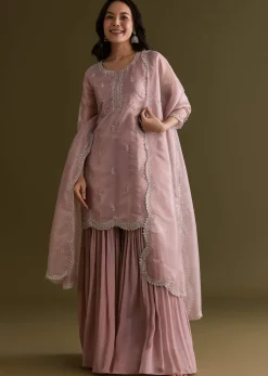 Light Lavender Tissue Kurta Sharara Set With Sequins And Cutdana Work