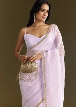 Light Lavender Tissue Saree With Cutdana Beads Embroidery And Scallop Border