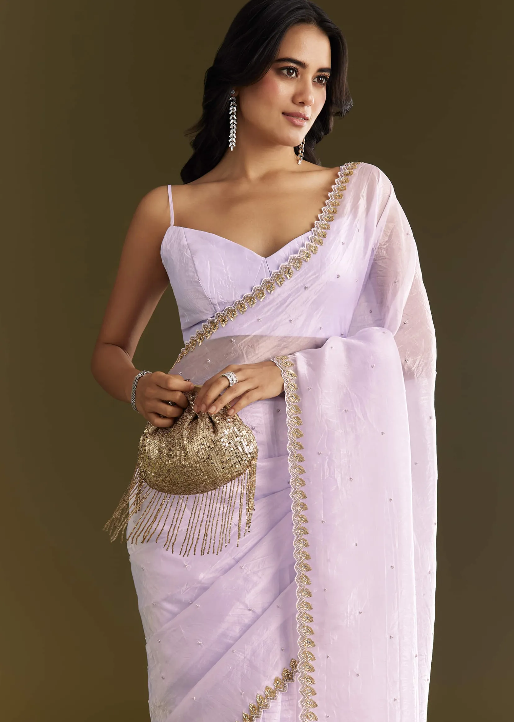 Light Lavender Tissue Saree With Cutdana Beads Embroidery And Scallop Border