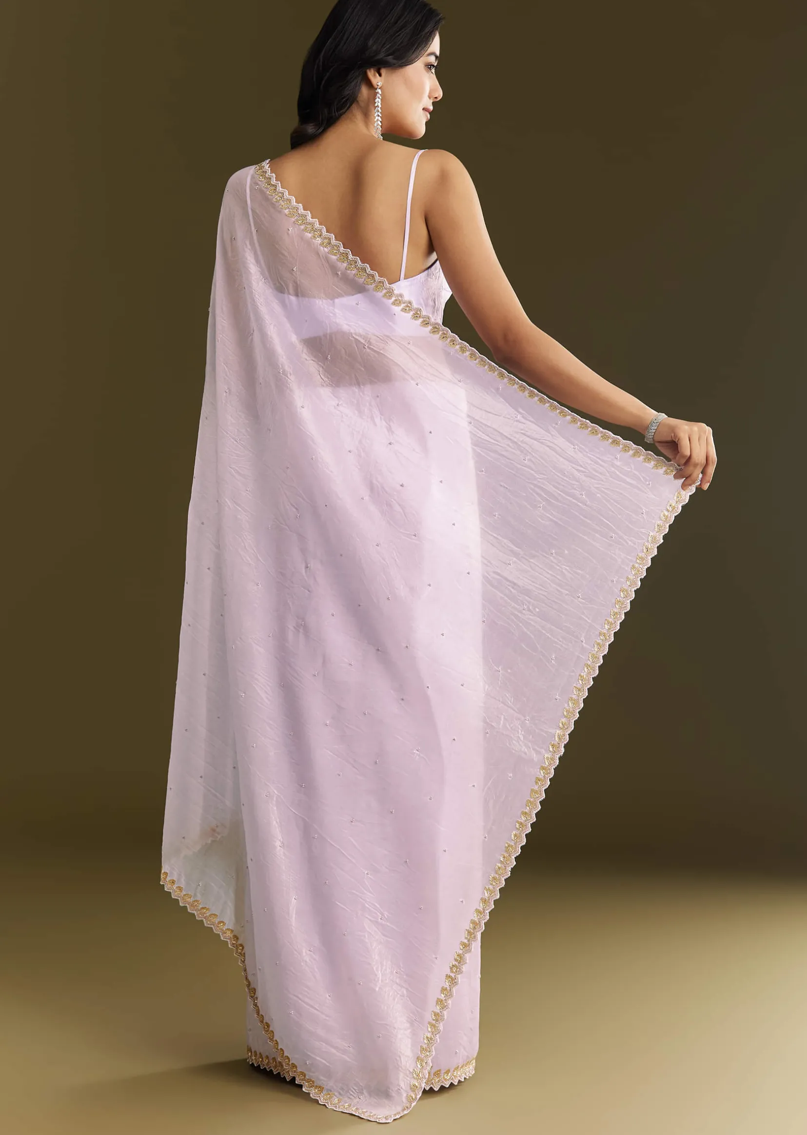 Light Lavender Tissue Saree With Cutdana Beads Embroidery And Scallop Border