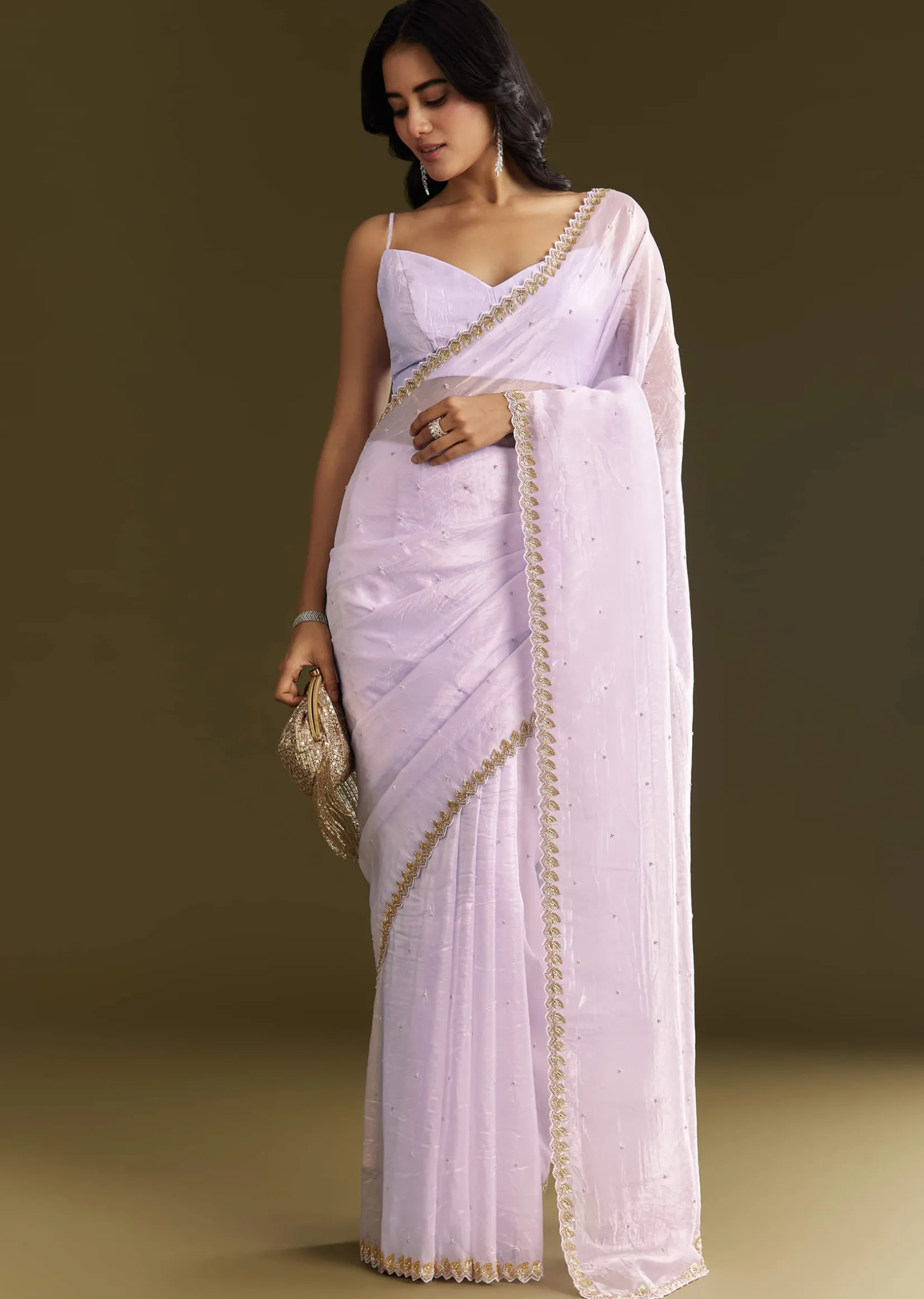 Light Lavender Tissue Saree With Cutdana Beads Embroidery And Scallop Border