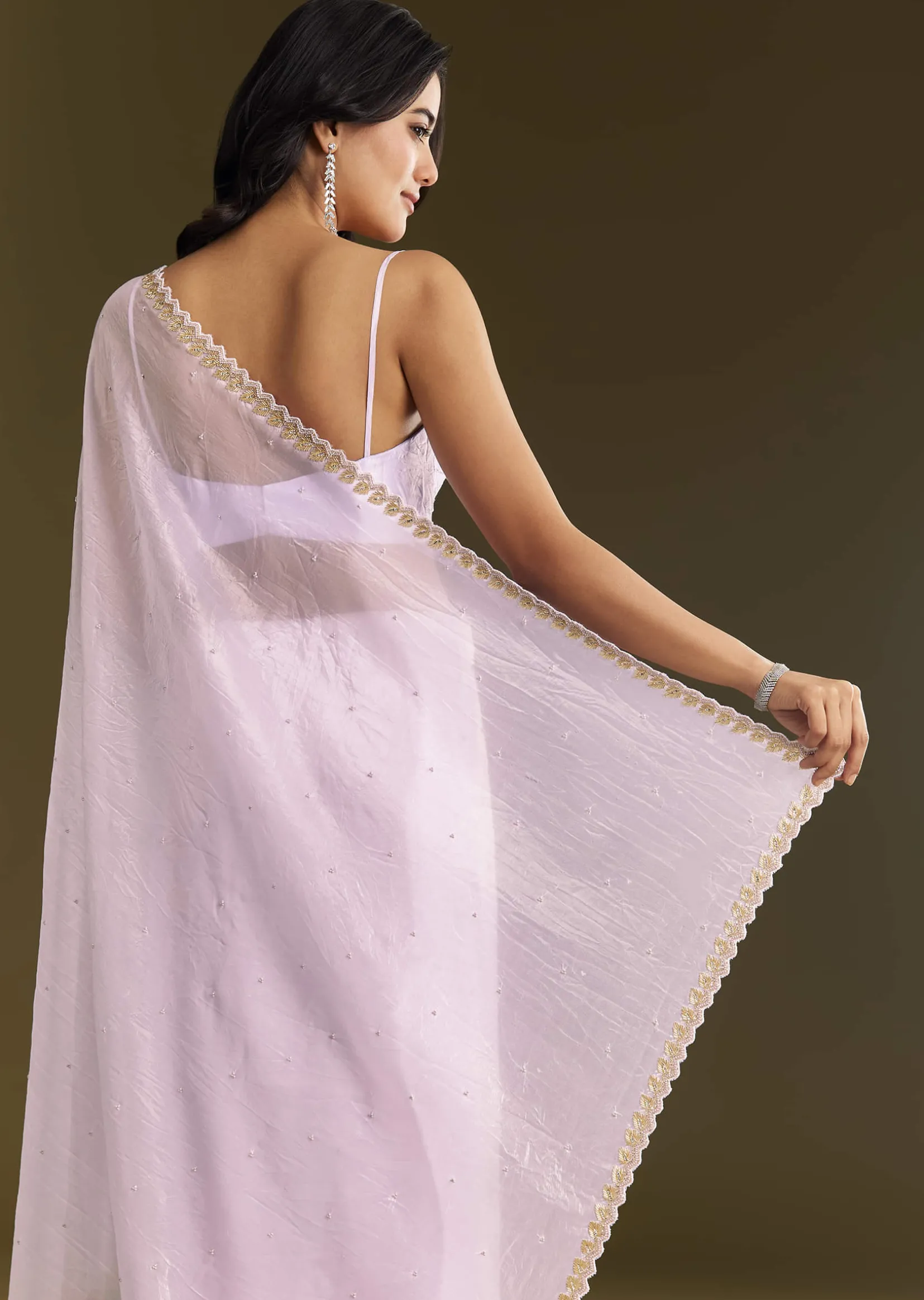 Light Lavender Tissue Saree With Cutdana Beads Embroidery And Scallop Border