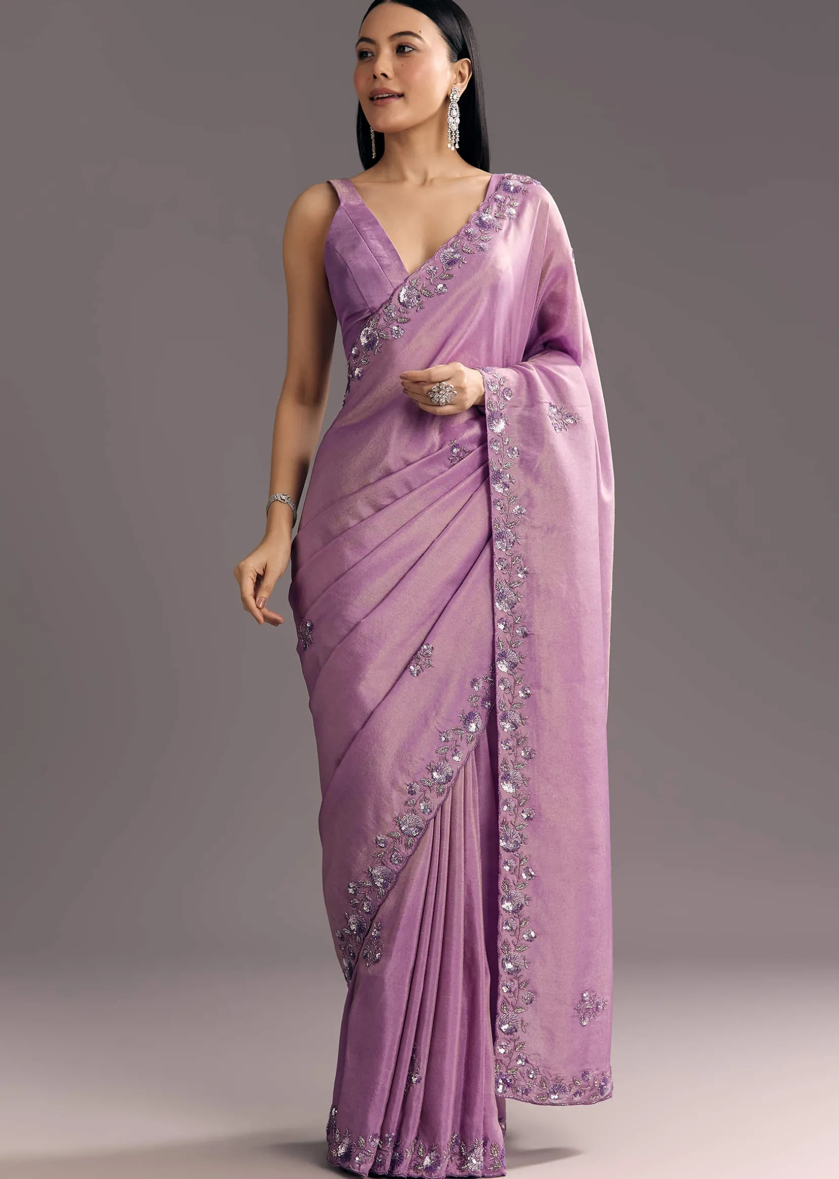 Light Lavender Tissue Saree With Floral Embroidered Scallop Border