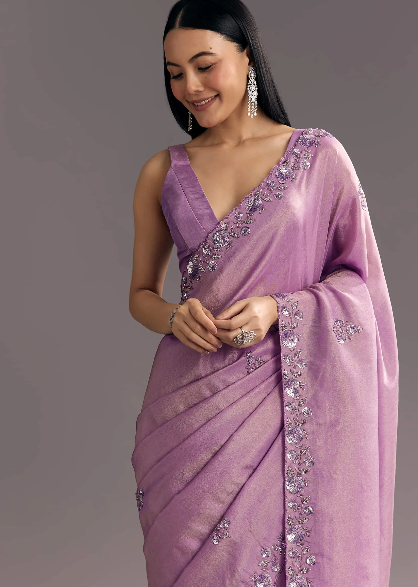 Light Lavender Tissue Saree With Floral Embroidered Scallop Border