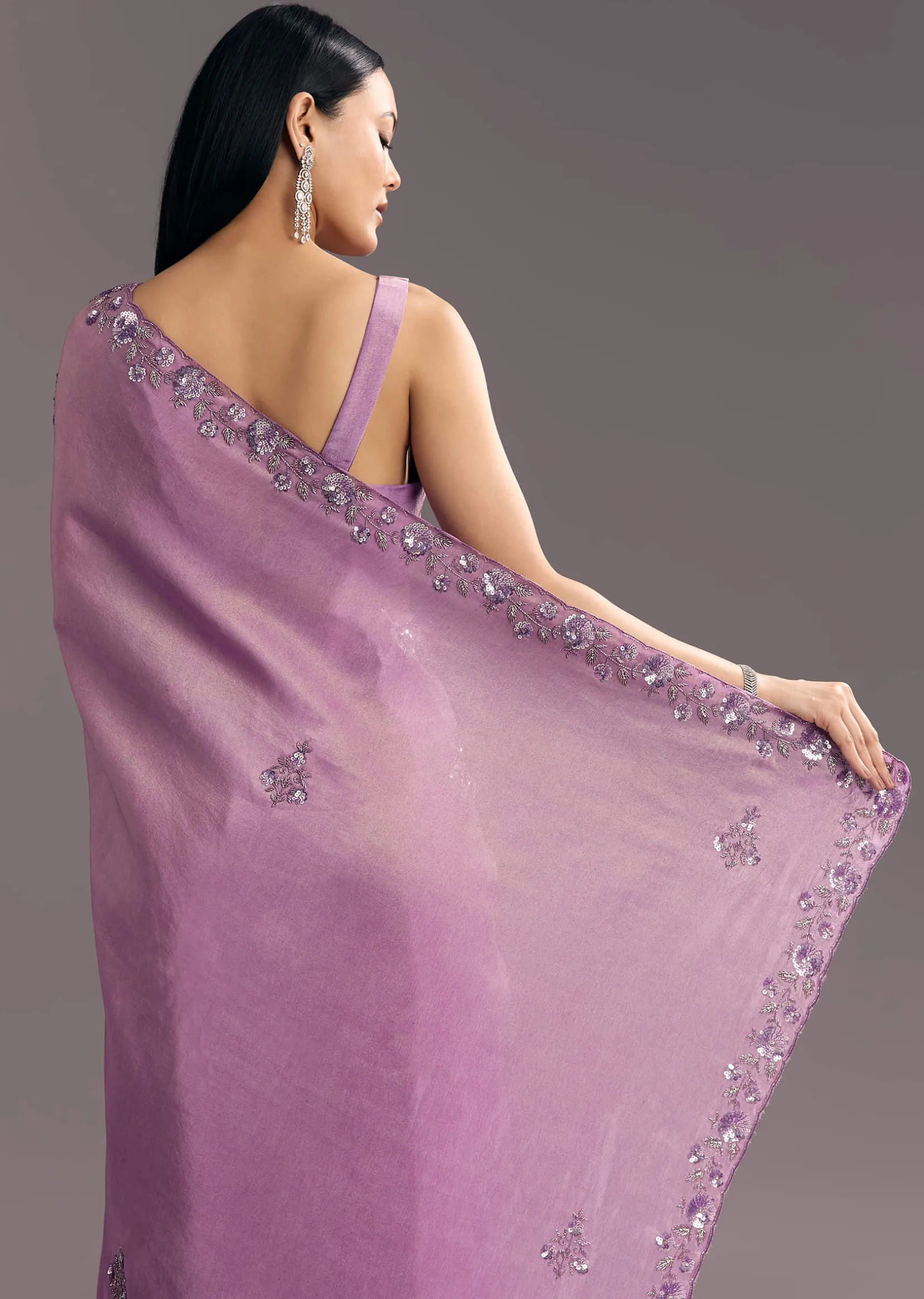 Light Lavender Tissue Saree With Floral Embroidered Scallop Border