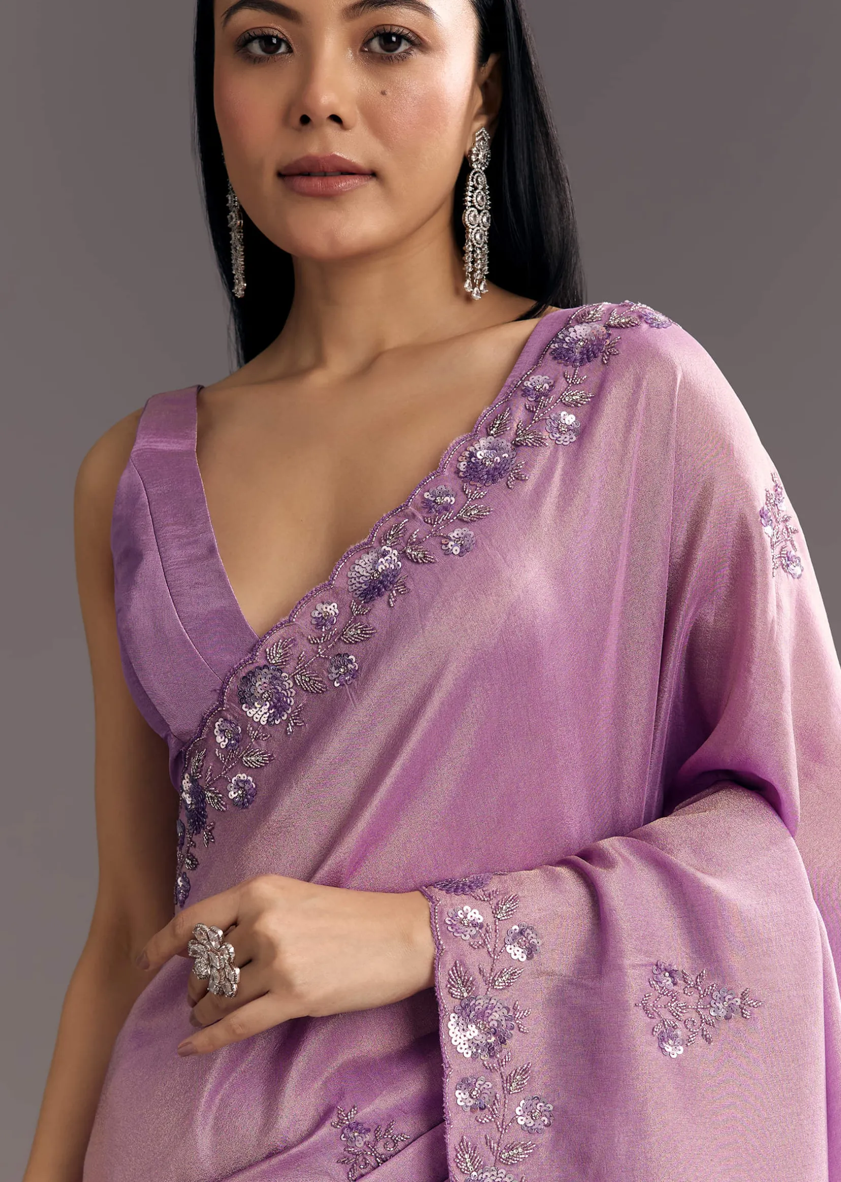 Light Lavender Tissue Saree With Floral Embroidered Scallop Border