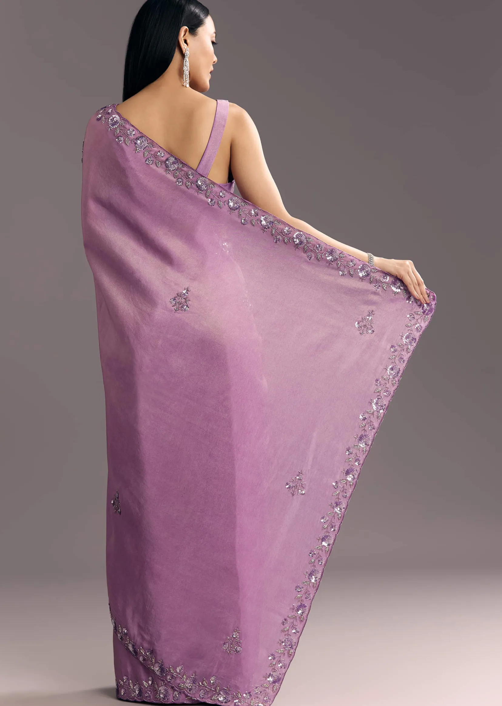 Light Lavender Tissue Saree With Floral Embroidered Scallop Border