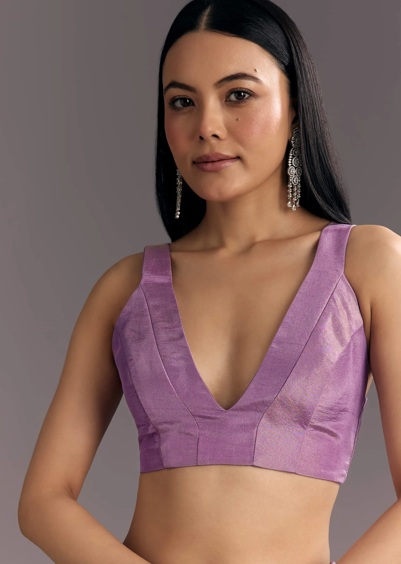 Light Lavender Tissue Saree With Floral Embroidered Scallop Border