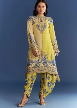 Light Lime Green Cotton Muslin Kurta With Floral Print Dhoti