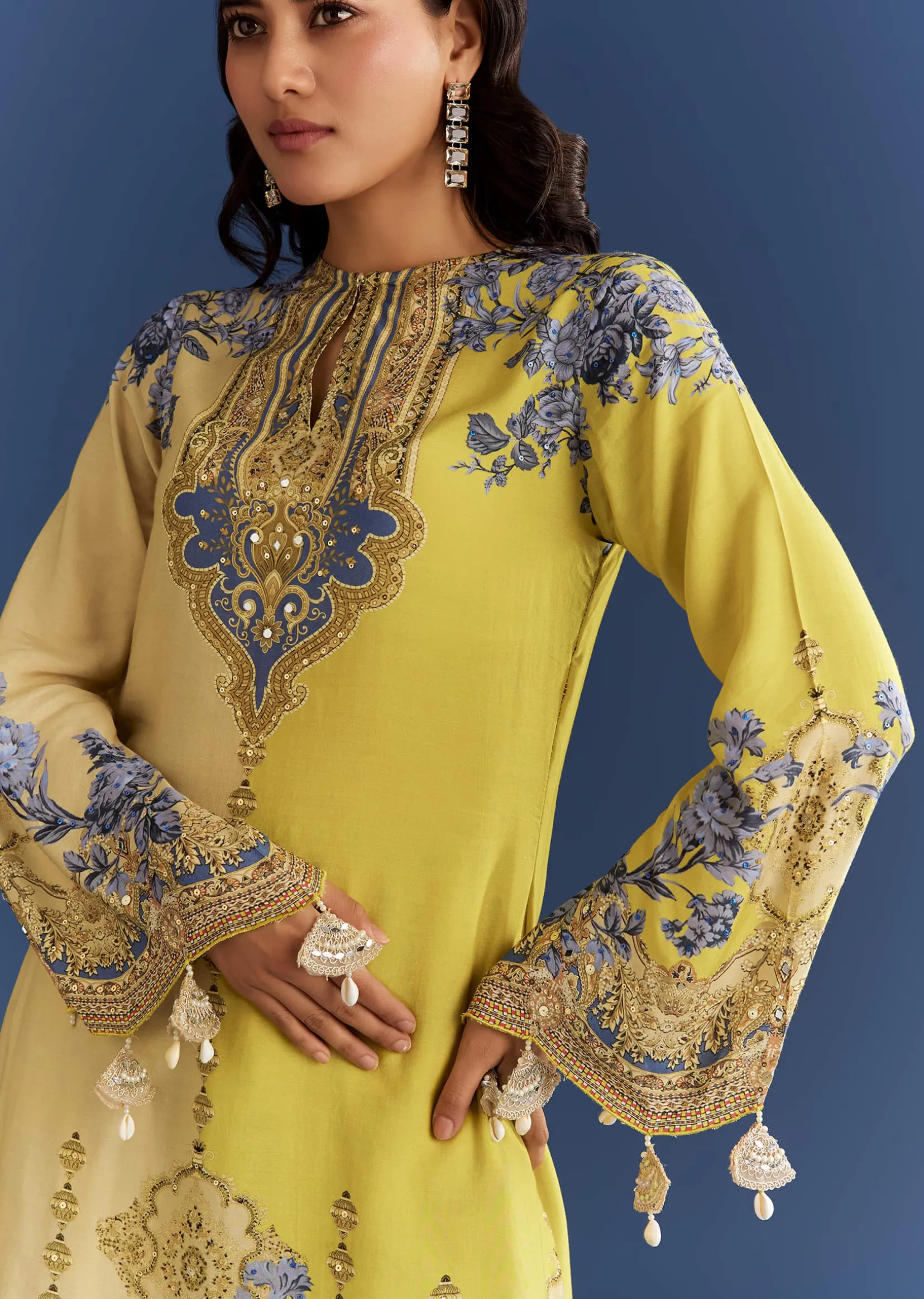 Light Lime Green Cotton Muslin Kurta With Floral Print Dhoti