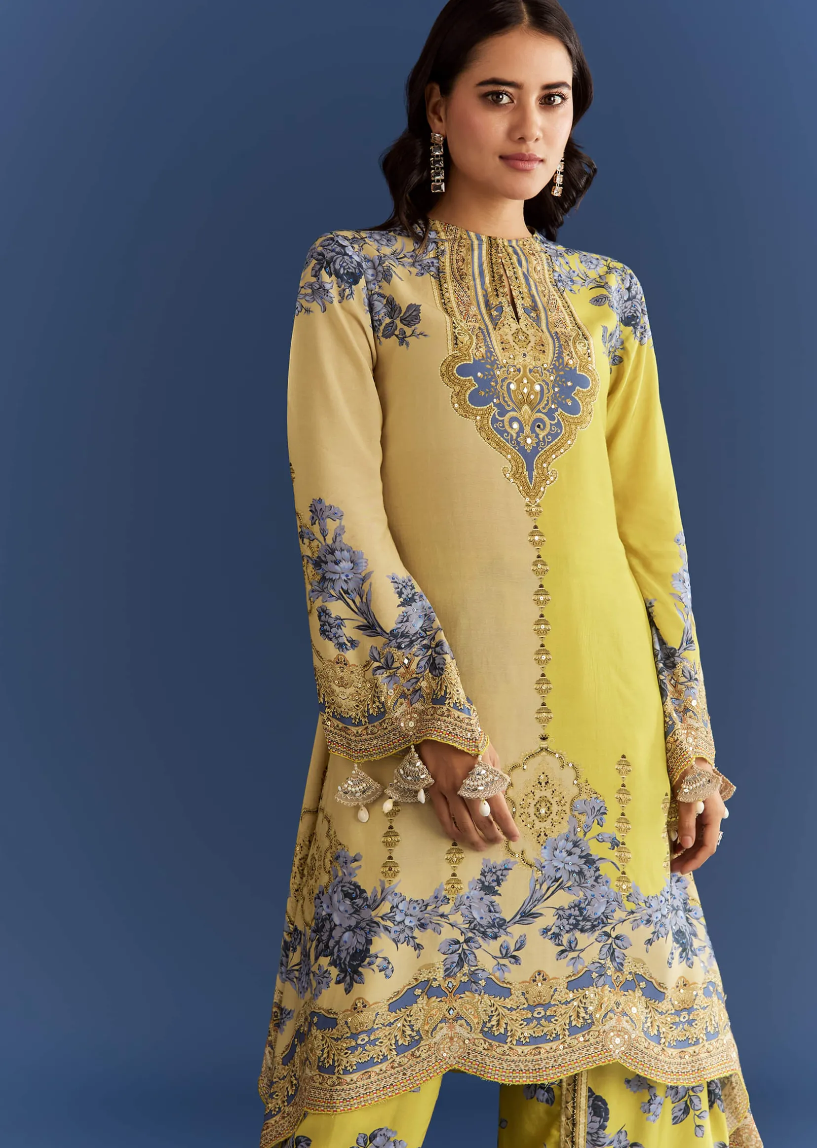 Light Lime Green Cotton Muslin Kurta With Floral Print Dhoti