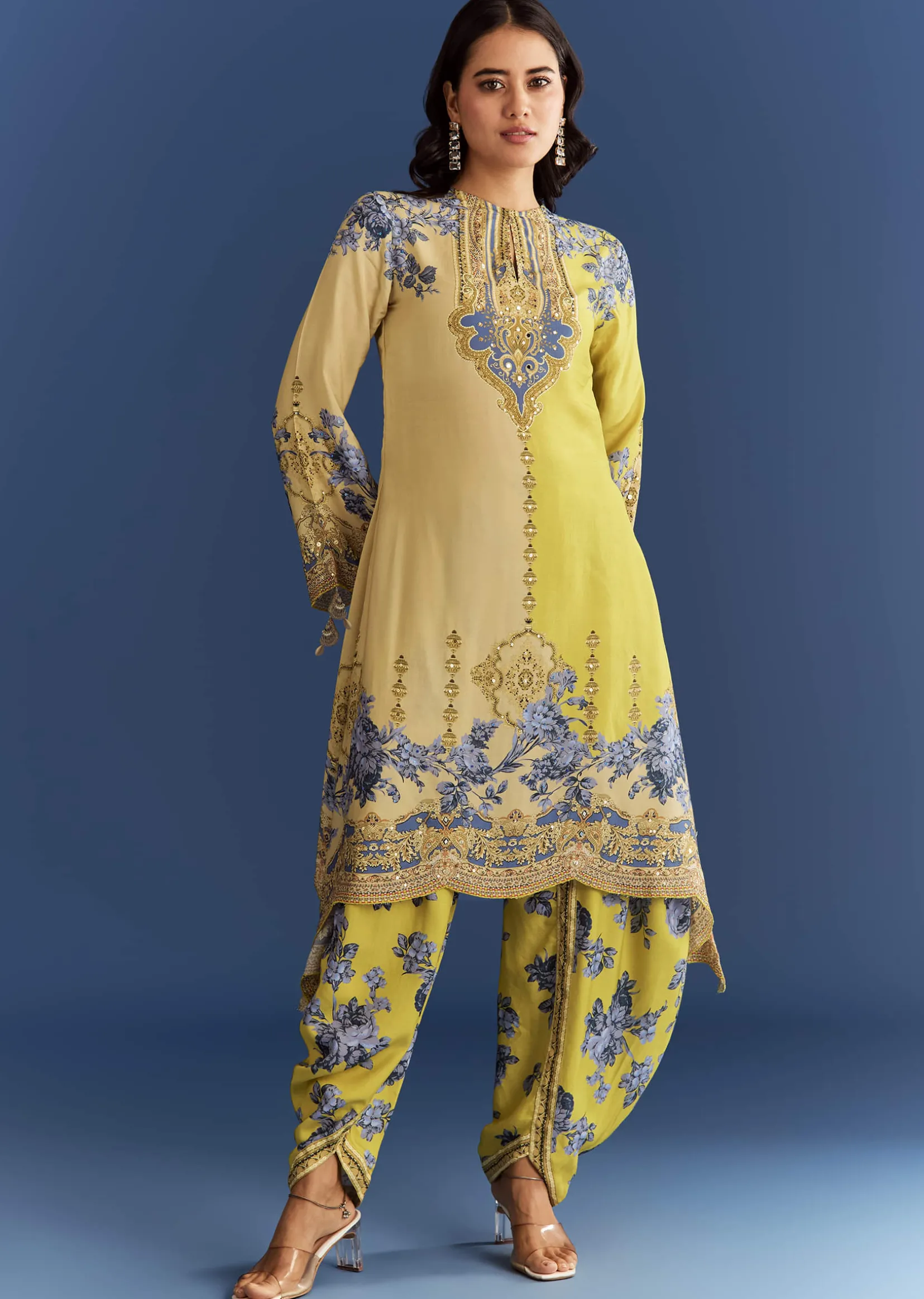 Light Lime Green Cotton Muslin Kurta With Floral Print Dhoti