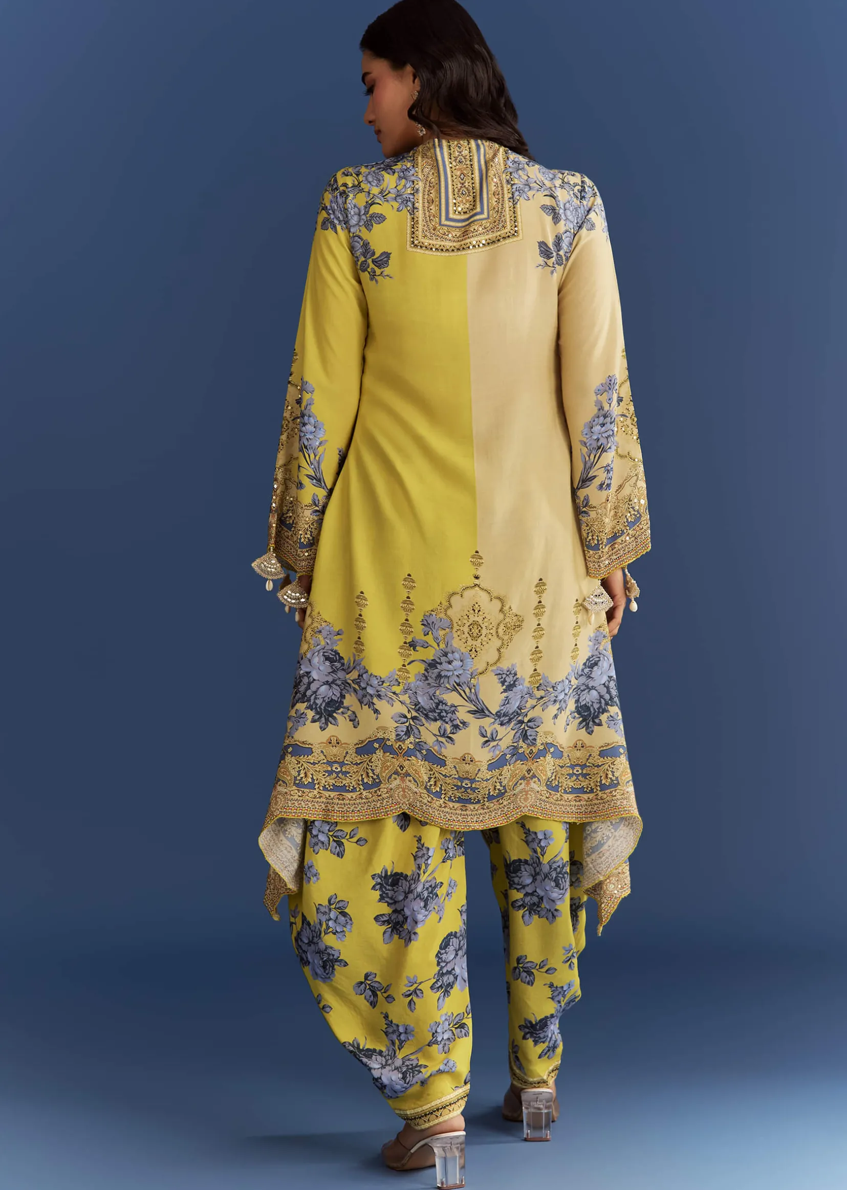 Light Lime Green Cotton Muslin Kurta With Floral Print Dhoti