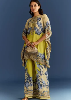 Light Lime Green Cotton Muslin Kaftaan With Floral Print Palazzo