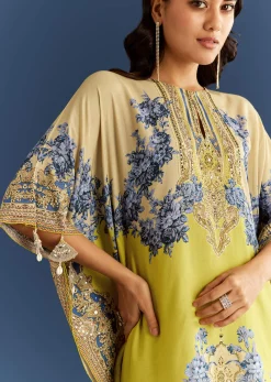 Light Lime Green Cotton Muslin Kaftaan With Floral Print Palazzo