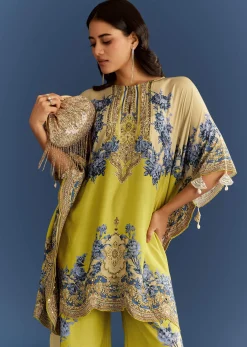 Light Lime Green Cotton Muslin Kaftaan With Floral Print Palazzo