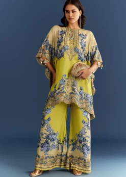 Light Lime Green Cotton Muslin Kaftaan With Floral Print Palazzo