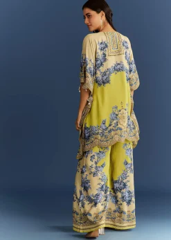 Light Lime Green Cotton Muslin Kaftaan With Floral Print Palazzo