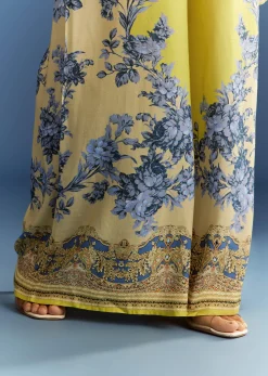 Light Lime Green Cotton Muslin Kaftaan With Floral Print Palazzo