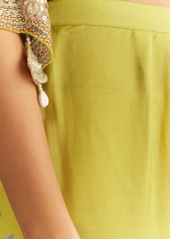 Light Lime Green Cotton Muslin Kaftaan With Floral Print Palazzo