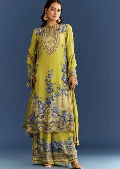 Light Lime Green Cotton Muslin Kurta Palazzo Suit With Chinon Dupatta