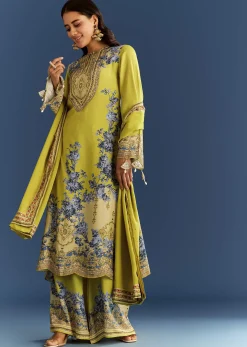 Light Lime Green Cotton Muslin Kurta Palazzo Suit With Chinon Dupatta