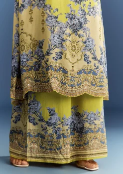 Light Lime Green Cotton Muslin Kurta Palazzo Suit With Chinon Dupatta