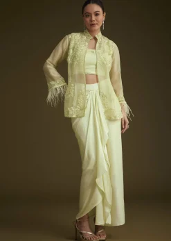 Light Lime Green Embroidered Crop Top And Jacket Set