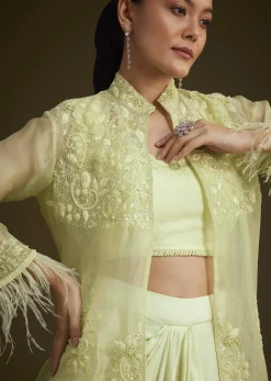 Light Lime Green Embroidered Crop Top And Jacket Set