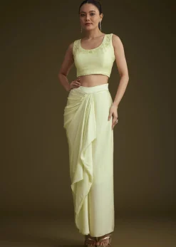 Light Lime Green Embroidered Crop Top And Jacket Set