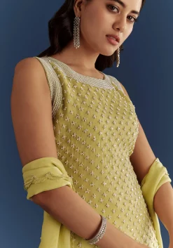 Light Lime Green Organza Kurta Set With Embroidered Scallop Hem Dupatta