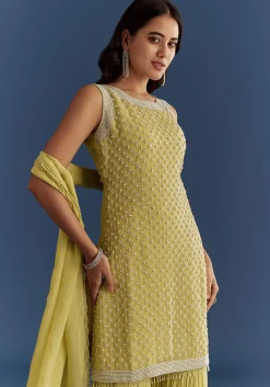 Light Lime Green Organza Kurta Set With Embroidered Scallop Hem Dupatta