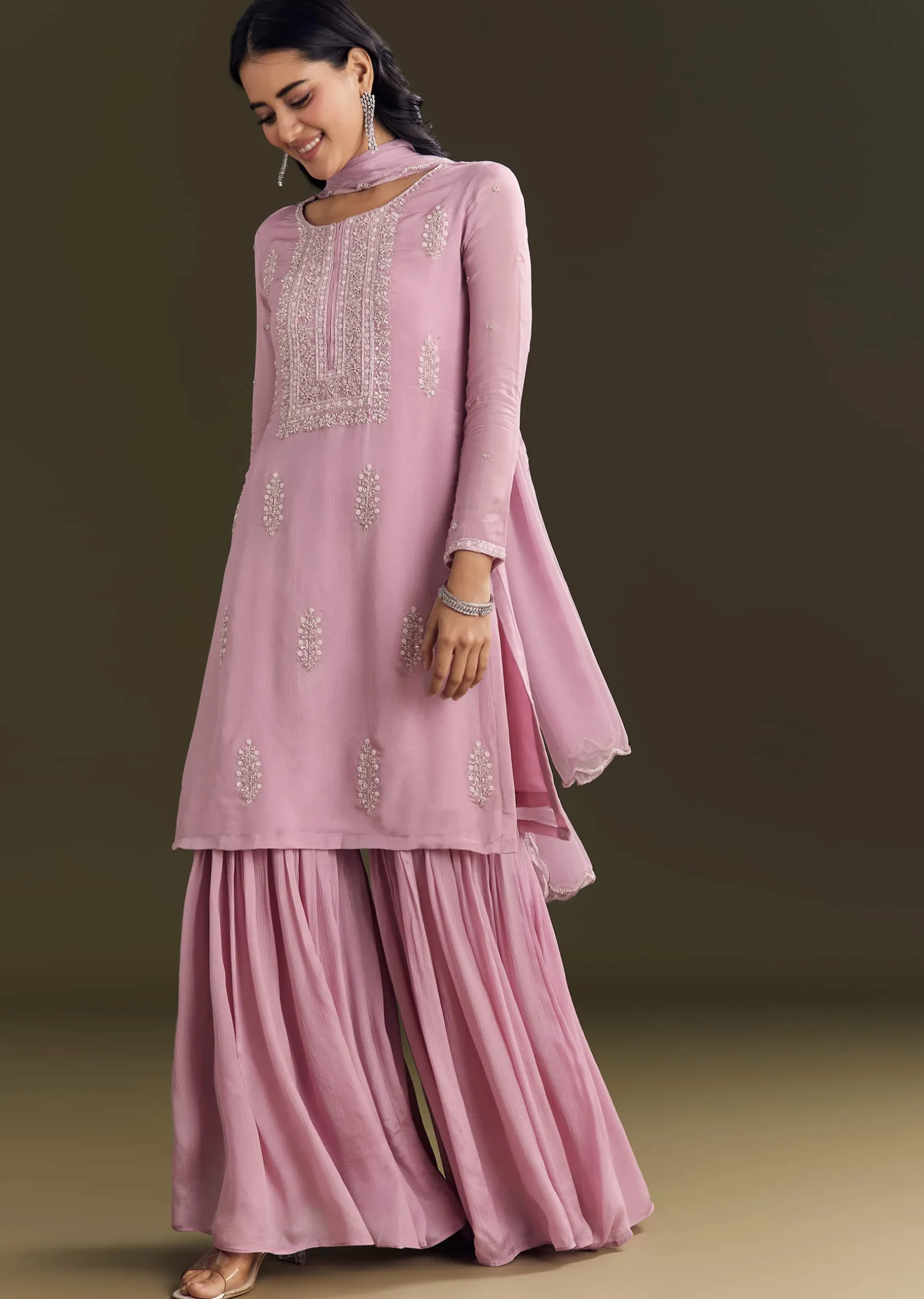 Light Onion Pink Chinon Kurta Sharara With Embellished Dupatta