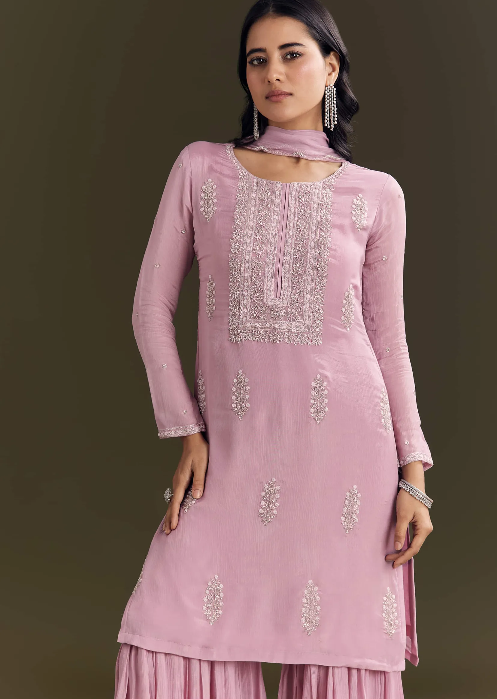 Light Onion Pink Chinon Kurta Sharara With Embellished Dupatta
