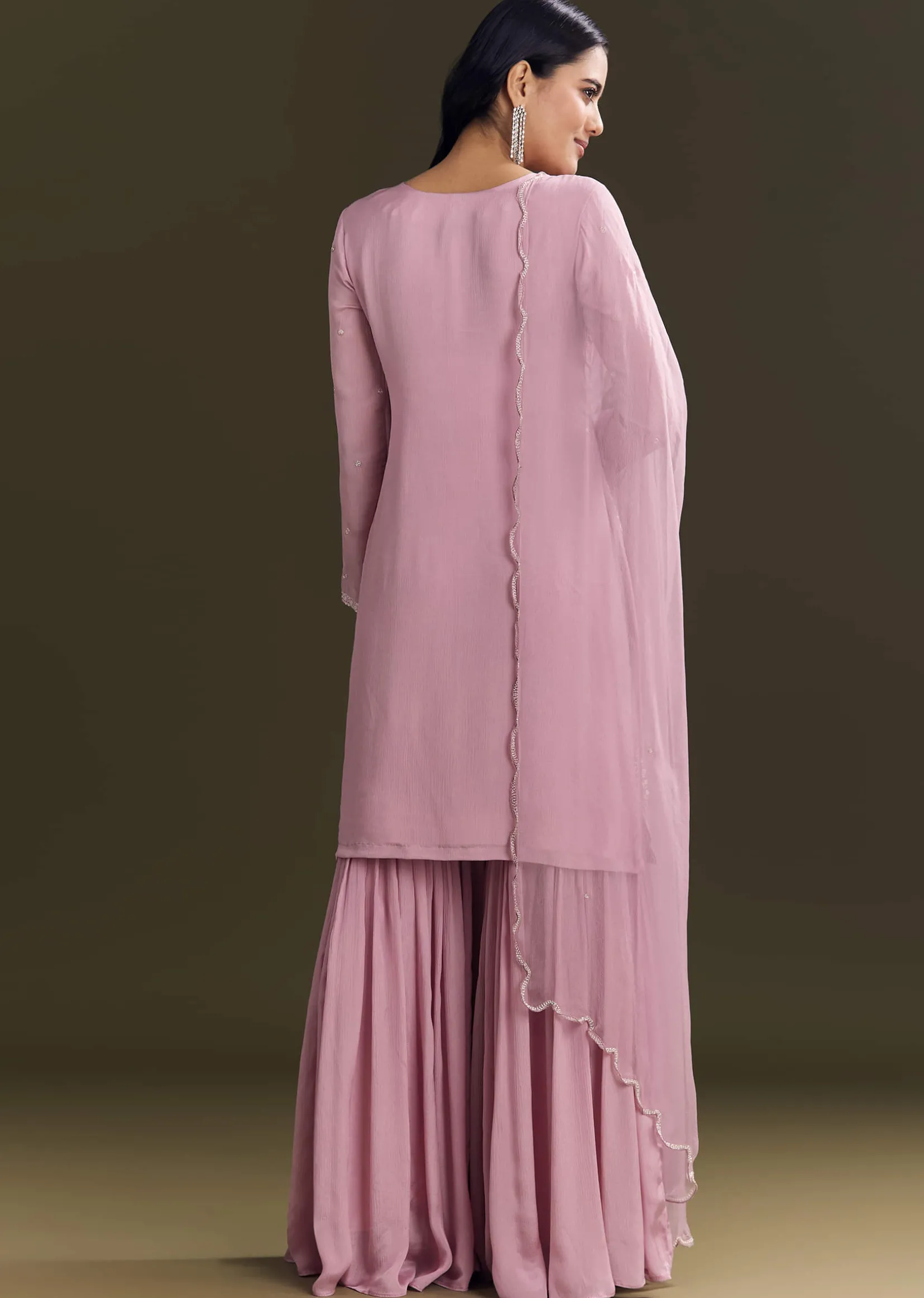 Light Onion Pink Chinon Kurta Sharara With Embellished Dupatta