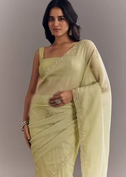 Light Pastel Green Crushed Tissue Saree With Cutdana Sequins And Beads Embroidery