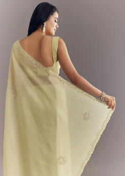 Light Pastel Green Crushed Tissue Saree With Cutdana Sequins And Beads Embroidery