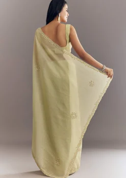 Light Pastel Green Crushed Tissue Saree With Cutdana Sequins And Beads Embroidery