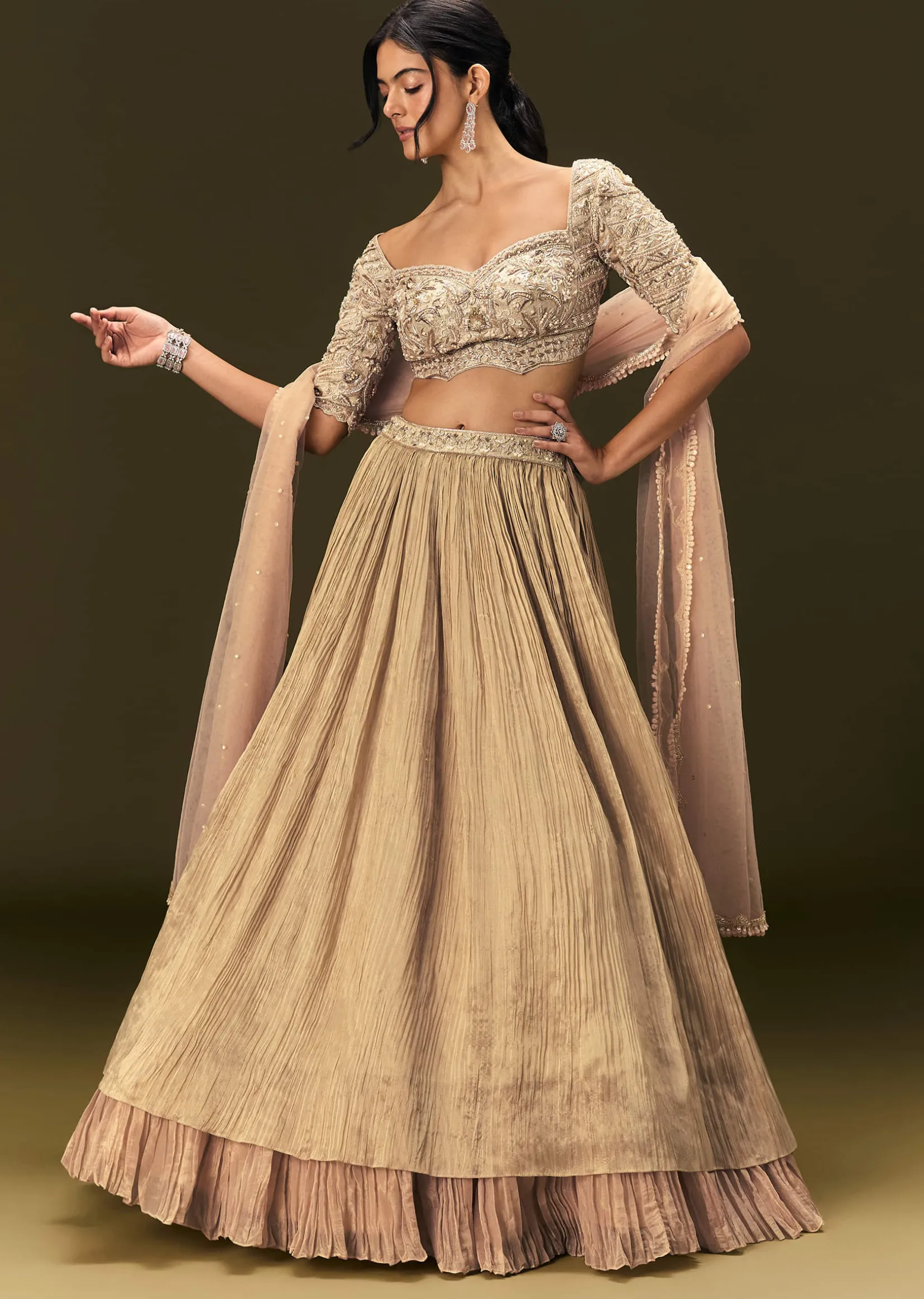 Light Peach Banarasi Silk Lehenga Dupatta With Embroidered Blouse