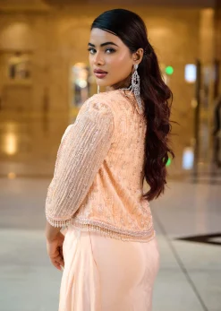 Light Peach Pleated Blouse With Short Jacket And Draped Frill Skirt